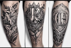 black and white tattoo around the leg in the design of a twig with beads below which hang three letters, namely the letter E, V and A tattoo idea