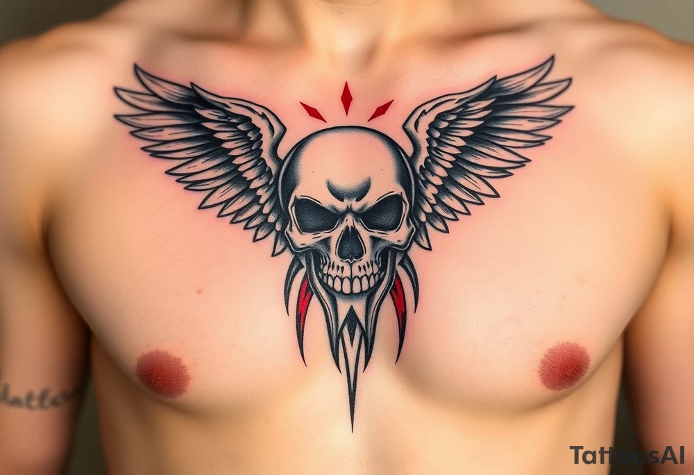 Angel skull black and red on left chest male tattoo idea