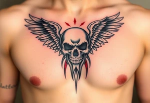 Angel skull black and red on left chest male tattoo idea