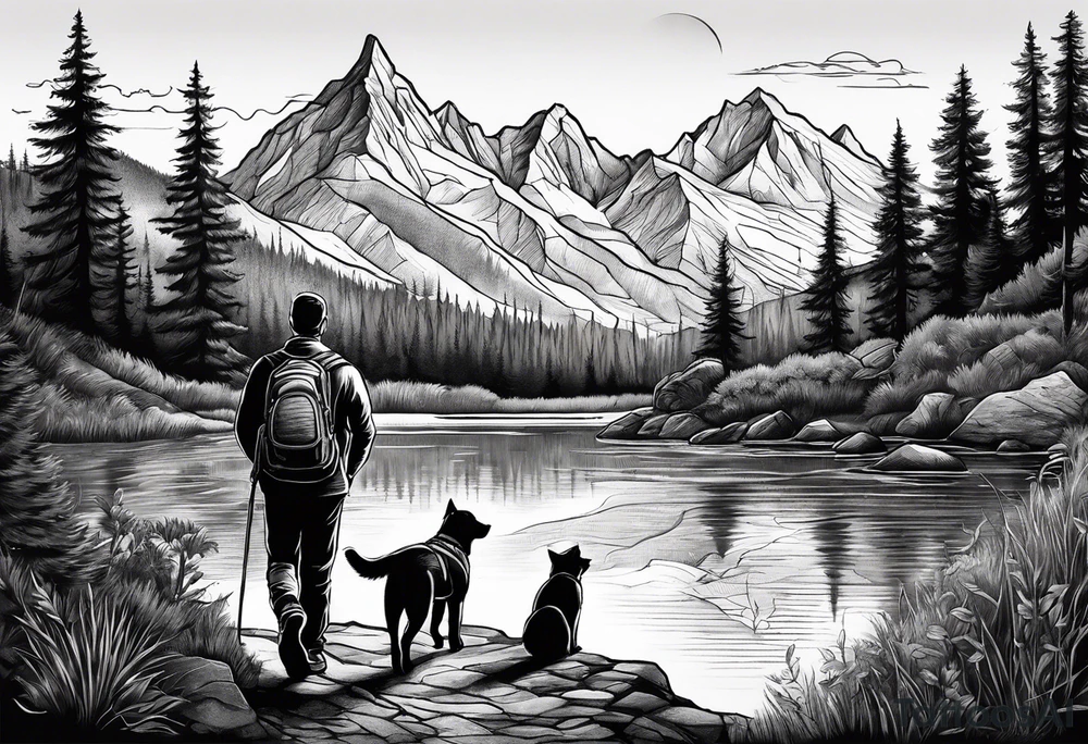 nature, sunset, mountains, a father and son hiking with their dog and cat by the water tattoo idea