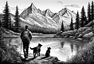 nature, sunset, mountains, a father and son hiking with their dog and cat by the water tattoo idea