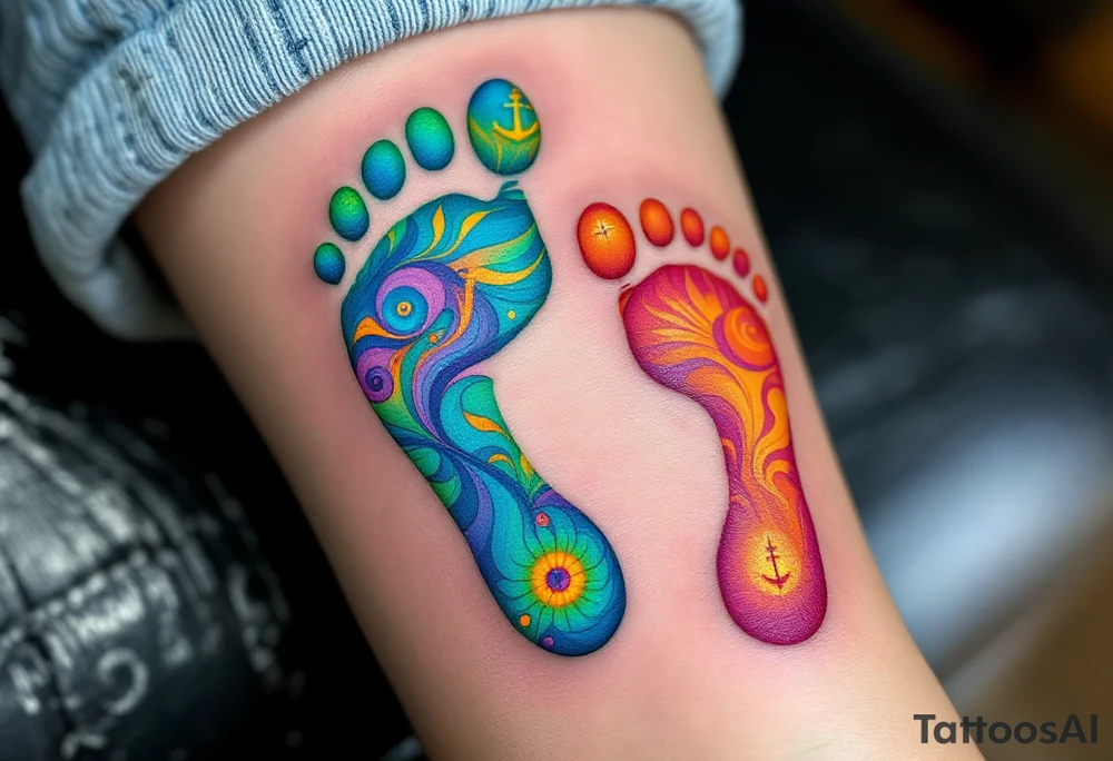 Bright teal and orange footprints of Václav, with a small anchor beside them, symbolizing his strength and stability. tattoo idea