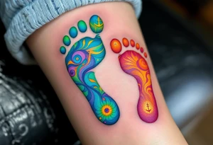 Bright teal and orange footprints of Václav, with a small anchor beside them, symbolizing his strength and stability. tattoo idea