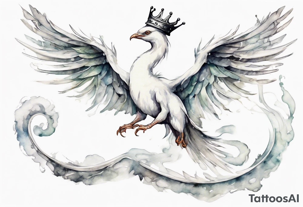 a white bird-serpent hybrid, wearing a small crown, flying in the air tattoo idea