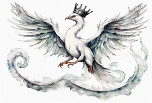 a white bird-serpent hybrid, wearing a small crown, flying in the air tattoo idea
