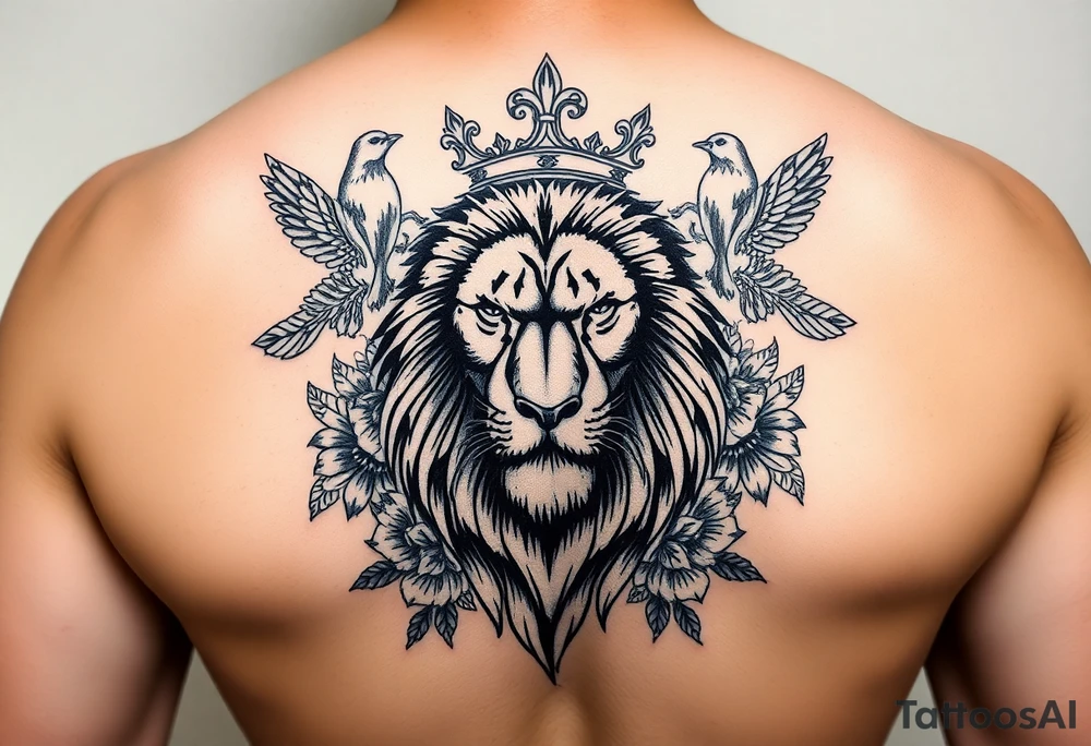 powerful majestic lion with a crown, surrounded by floral ornaments and birds tattoo idea