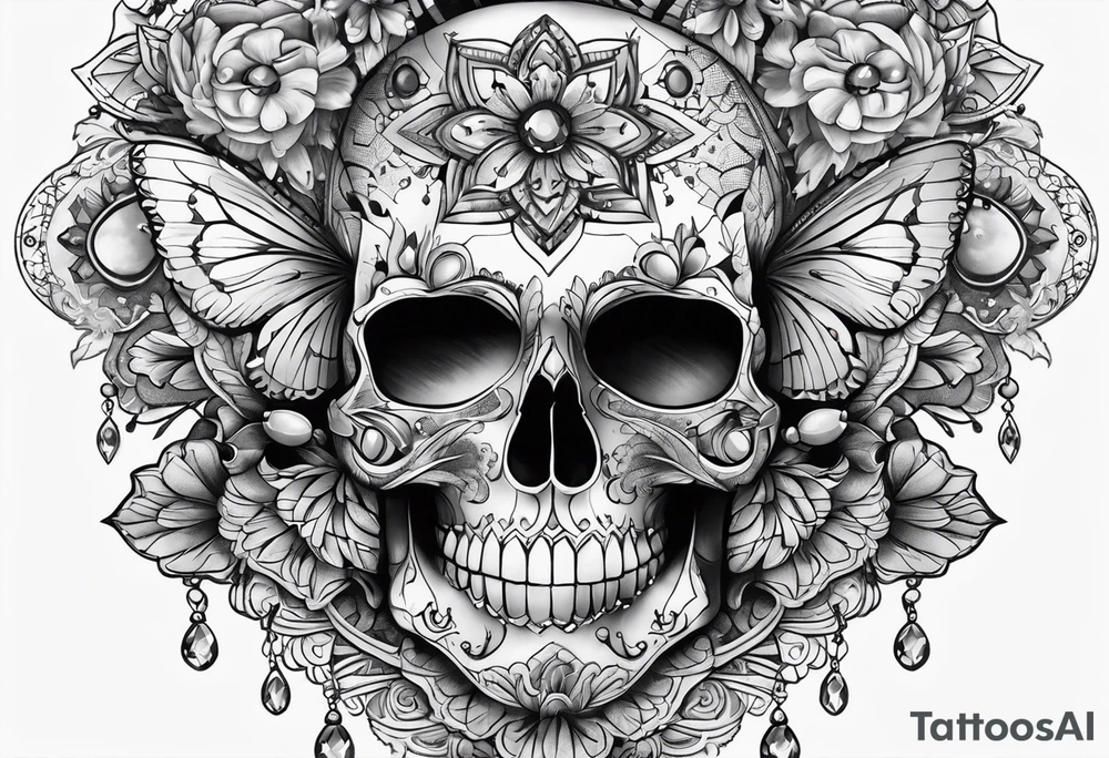 Chunky diamond with lace and gemstones full sleeve tattoo idea