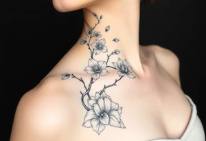 Orchid or cherry blossom tree and lotus and snake and angels on a woman tattoo idea