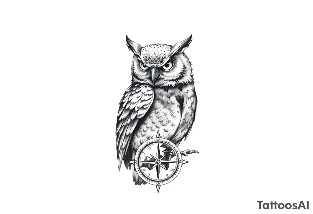 an owl,a compass,landscape. tattoo idea
