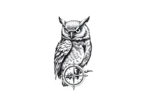 an owl,a compass,landscape. tattoo idea