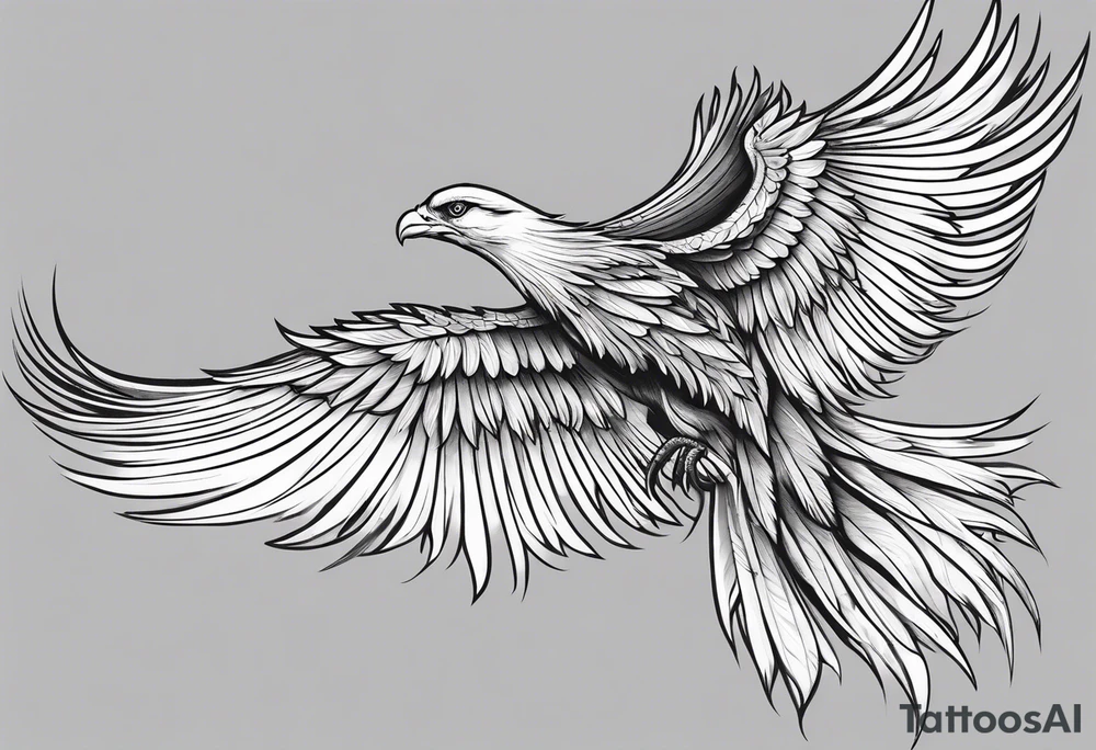 elegant long feathered phoenix
 in flight tattoo idea