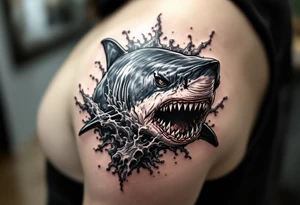 angry powerful shark tattoo with cool water stuff around it tattoo idea