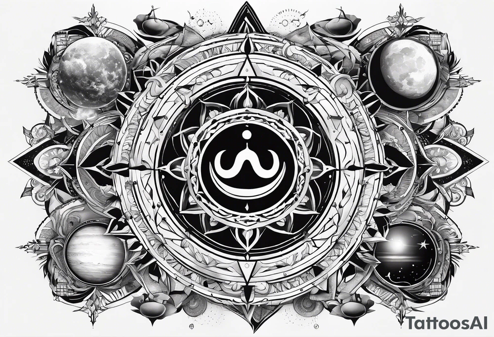 elements of nature and engineering in solar system with OM symbol in center tattoo idea