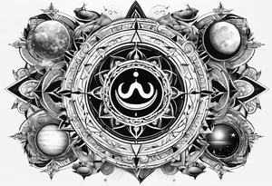elements of nature and engineering in solar system with OM symbol in center tattoo idea