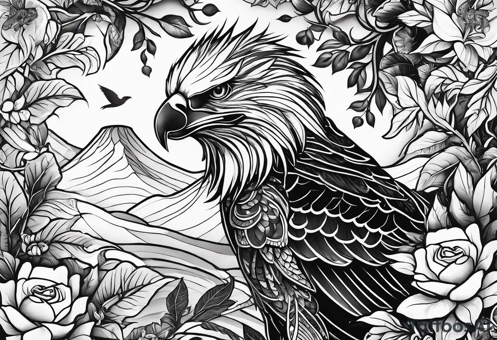 Eagle, Tasmanian devil, black swirl filler, snake, leaves leg sleeve tattoo idea