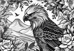 Eagle, Tasmanian devil, black swirl filler, snake, leaves leg sleeve tattoo idea