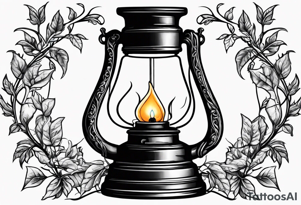 Oil lamp surrounded by leafy vines tattoo idea
