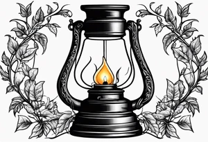 Oil lamp surrounded by leafy vines tattoo idea