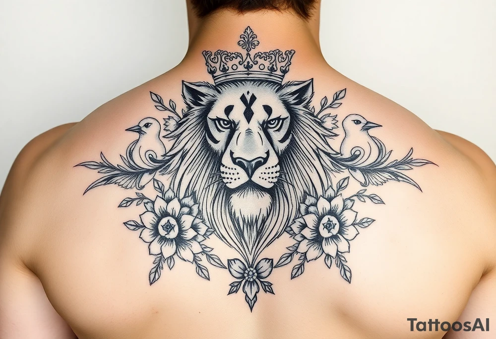 powerful majestic lion with a crown, surrounded by floral ornaments and birds tattoo idea