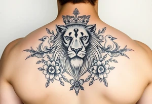 powerful majestic lion with a crown, surrounded by floral ornaments and birds tattoo idea
