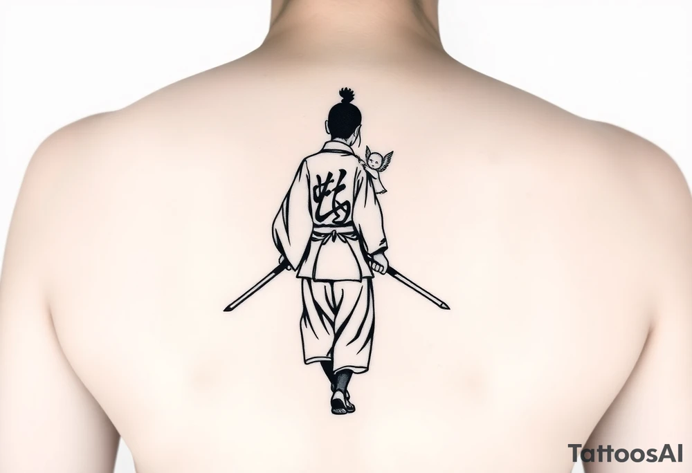 "Blackwork tattoo sketch of a lone samurai walking forward, shown in dramatic silhouette style. The samurai wears traditional kimono and hakama, holding a katana in one hand with the blade pointing downward. Behind him floats a small child angel with detailed feathered wings, gently touching the samurai’s back with one hand, as if stopping or guiding him. Strong contrast, dynamic ink splatter, rough brush strokes, Japanese sumi-e vibe, emotional and symbolic composition, high detail linework, no background." tattoo idea
