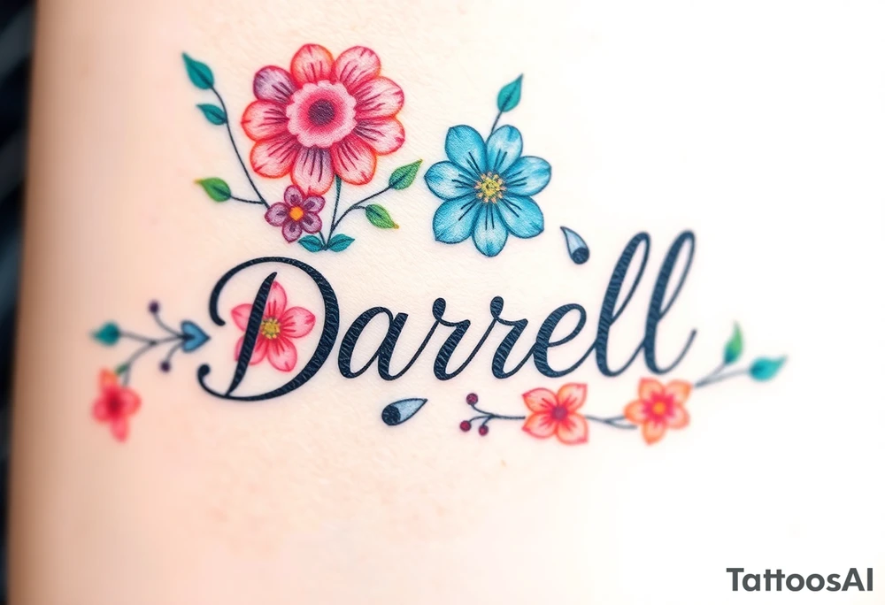 Bold colors, 1 inch font, "Darrell" with lots of whimsical background, add lots of flowers, more background flowers of different colors, sizes and shapes tattoo idea