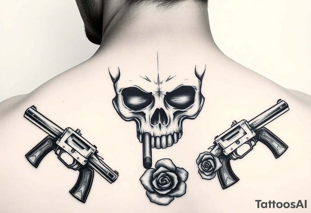 Close-up skull profile, cigar burning, vintage revolvers flanking, rose petals falling. tattoo idea