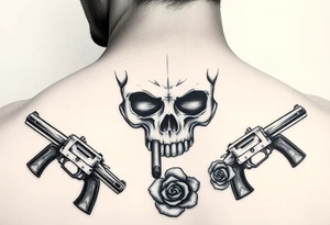 Close-up skull profile, cigar burning, vintage revolvers flanking, rose petals falling. tattoo idea