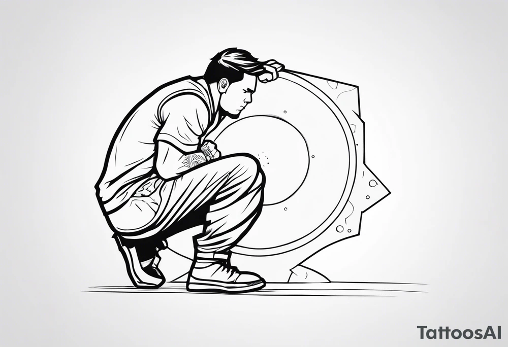 side view of crouched man holding shield tattoo idea