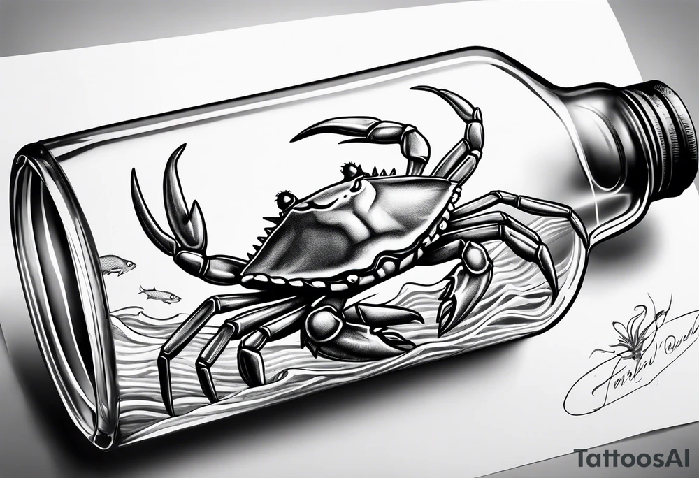 A message in a bottle. Rolled up map inside the bottle. crab outside protecting the bottle. tattoo idea