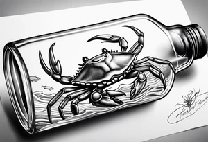 A message in a bottle. Rolled up map inside the bottle. crab outside protecting the bottle. tattoo idea