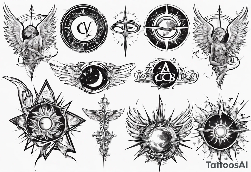 abstraction with sun and letters and angels tattoo idea