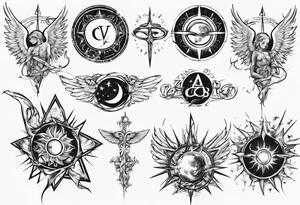 abstraction with sun and letters and angels tattoo idea
