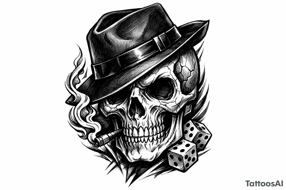 A stylized skull with a tilted gangster hat, bold lines, vibrant colors. tattoo idea
