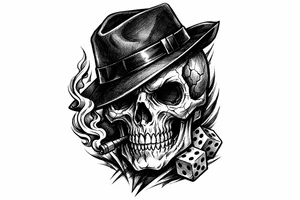 A stylized skull with a tilted gangster hat, bold lines, vibrant colors. tattoo idea