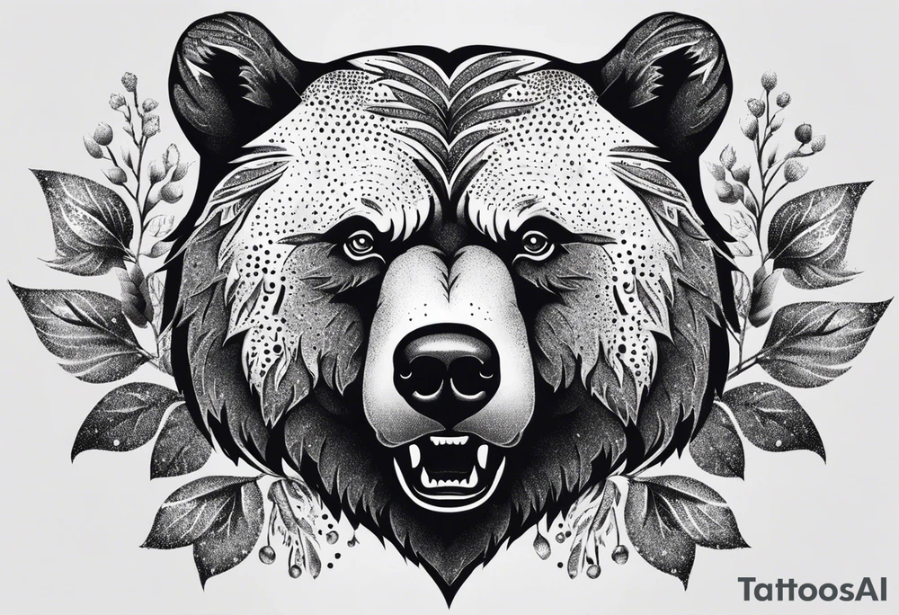 angry bear leaves and flowers, different seasons tattoo idea
