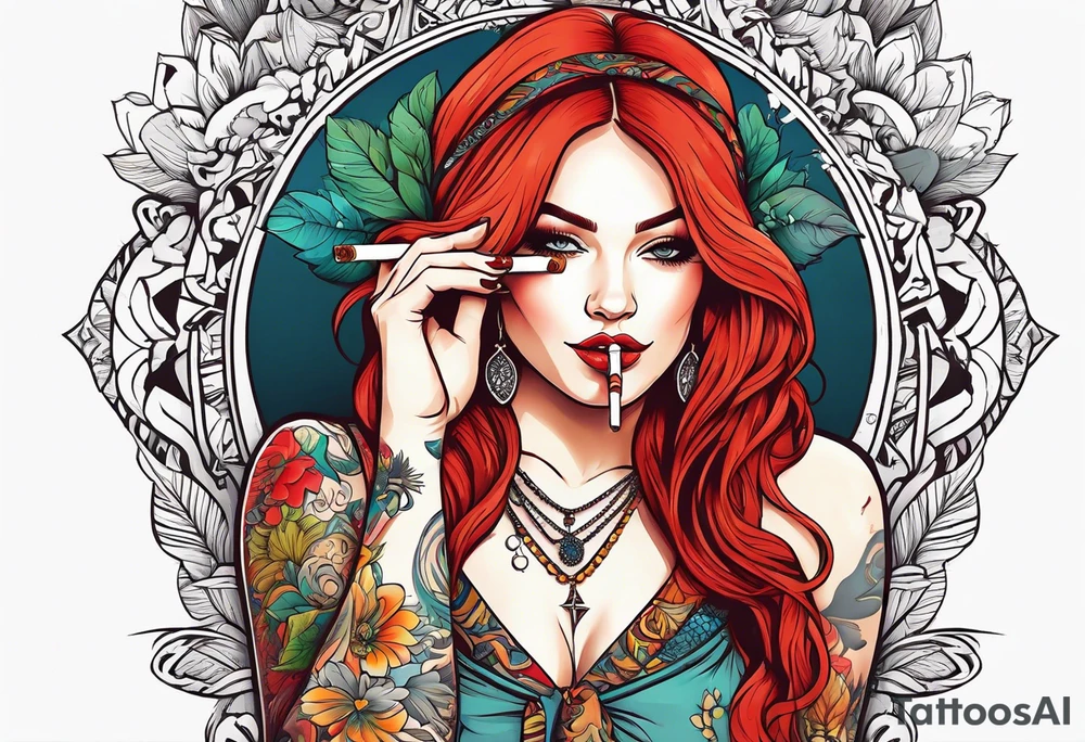 Hippie girl smoking a joint, Red hair, Bell-bottoms, and a big booty tattoo idea