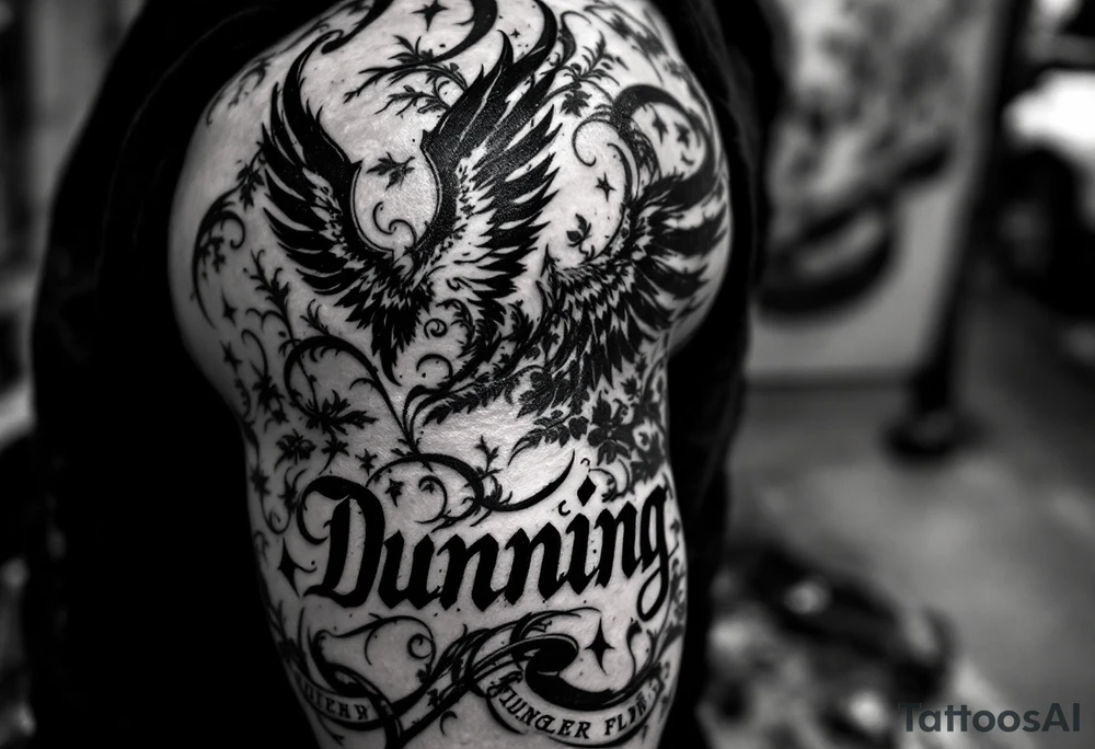 Dunning, details include angel wing, greek type of font,jungle leaves , tiger claw scratch tattoo idea