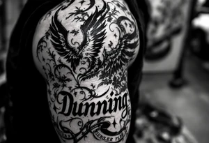 Dunning, details include angel wing, greek type of font,jungle leaves , tiger claw scratch tattoo idea