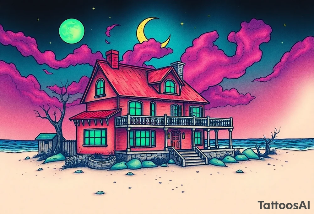 Tim Burton’s haunted pastel beach home is abandoned and dripping with muted reds, dusty pinks, and eerie green glow.purple and cyan smokey clouds swirl in the crescent moonlit sky thats sprinkled with stars tattoo idea tattoo idea