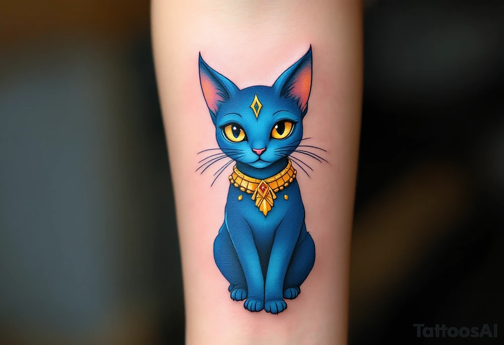 A cobalt-blue Bastet cat with gold earrings and collar, radiating mystery and protection. tattoo idea