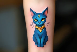 A cobalt-blue Bastet cat with gold earrings and collar, radiating mystery and protection. tattoo idea