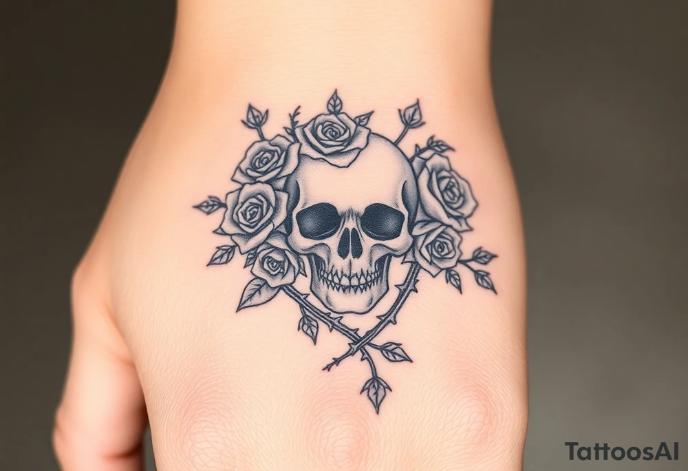 gothic skull intertwined with climbing roses and thorny vines tattoo idea