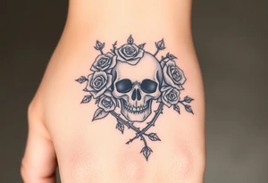 gothic skull intertwined with climbing roses and thorny vines tattoo idea