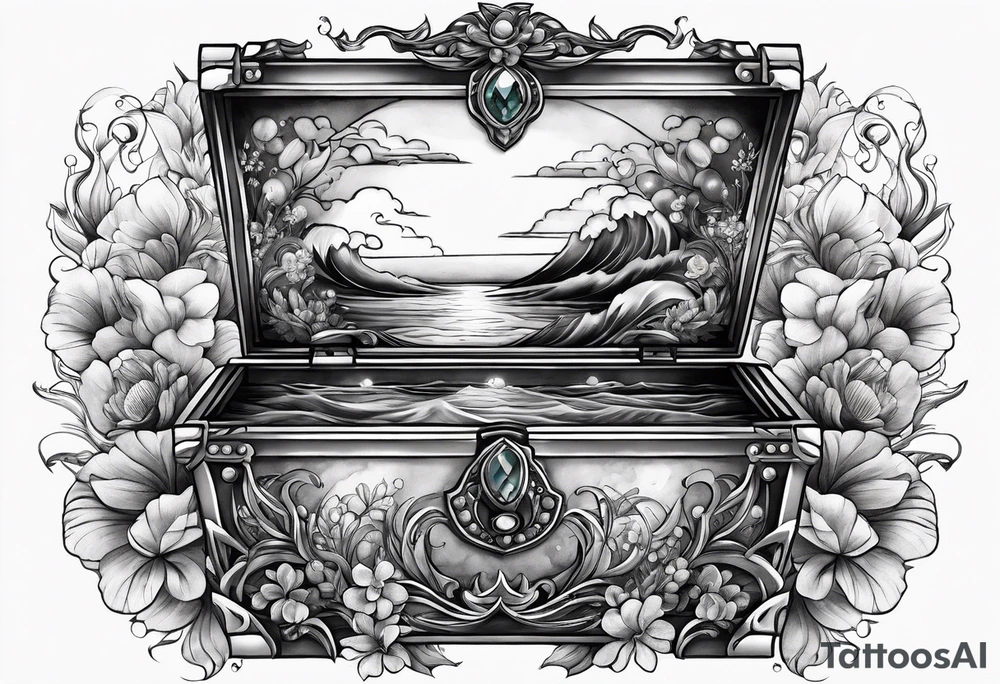 Ocean with threasure chest and pearls tattoo idea