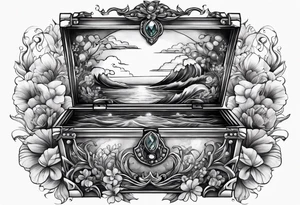 Ocean with threasure chest and pearls tattoo idea
