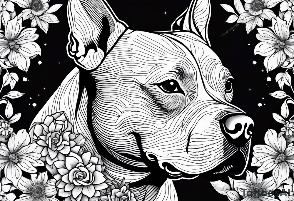 pit bull looking up at you surrounded by lego flowers tattoo idea