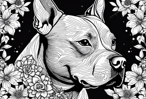 pit bull looking up at you surrounded by lego flowers tattoo idea