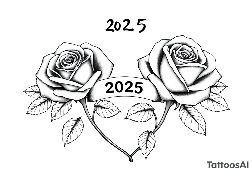 two beautiful large rose buds, one larger than the other, with many leaves next to the rose buds, with one sitting higher than the other. Include a banner connecting the two roses with "2025" on it.  The word "Rose" written in Kanji above the drawing.  Use dark outlines with little shading. The two stems should be short, not long, and connect and join into one stem, whimsically curved or twisted - not straight down. tattoo idea