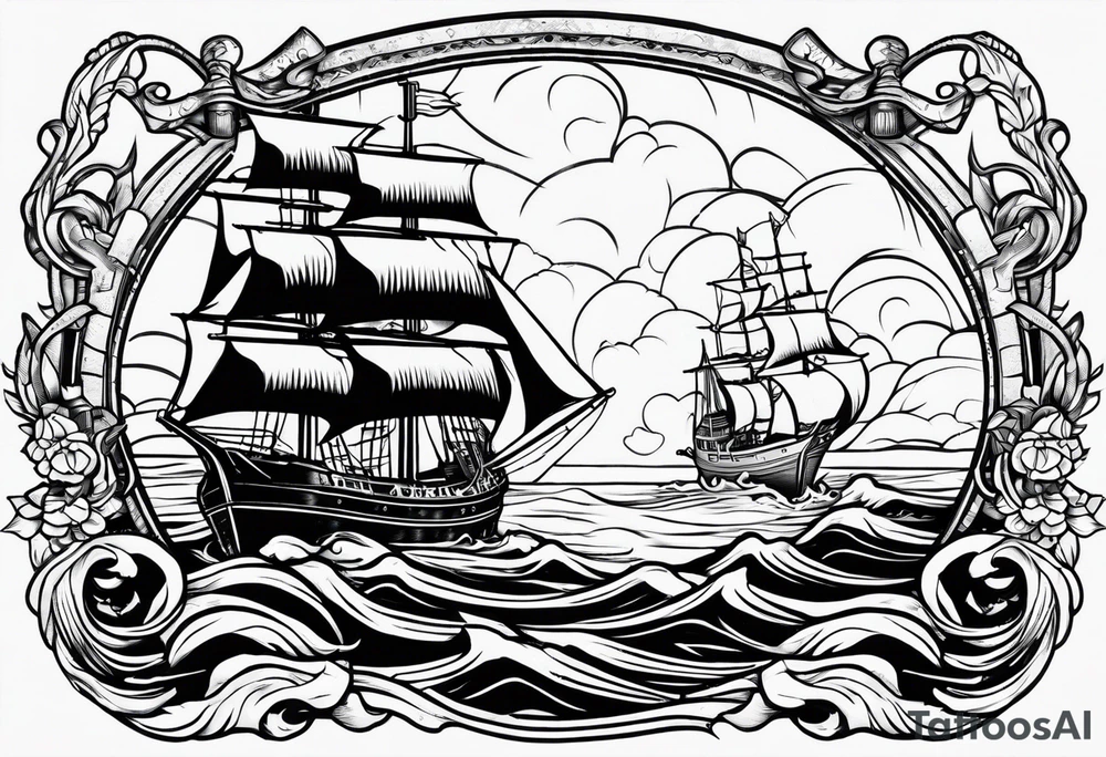 A American traditional tattoo style ship sinking with a mermaid on the right holding a rope and the mermaid on the left holding a dagger tattoo idea